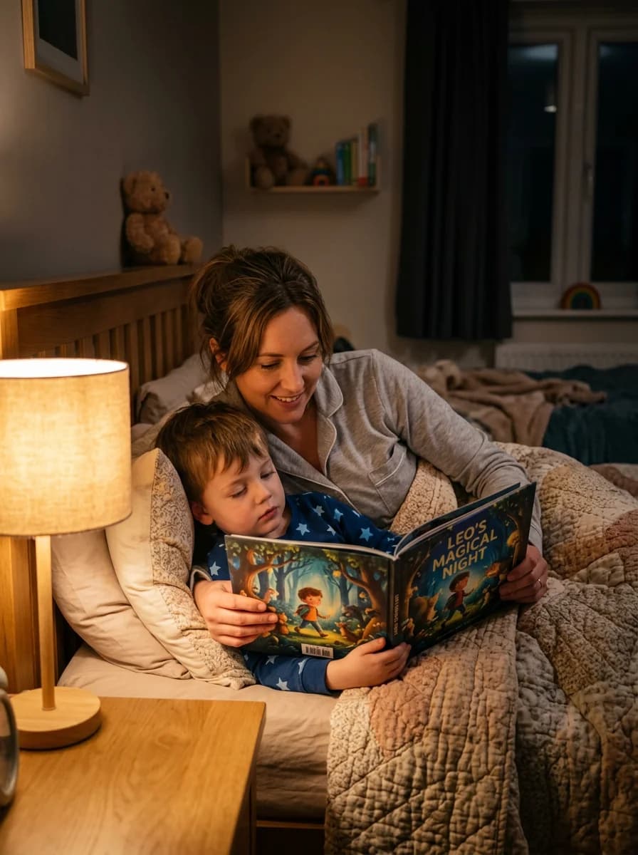 Madre e hijo leyendo un cuento antes de dormir
